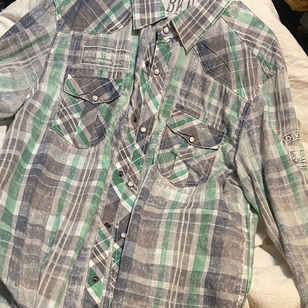 BKE Casual Plaid Button-Down Shirt - Green and Gray
